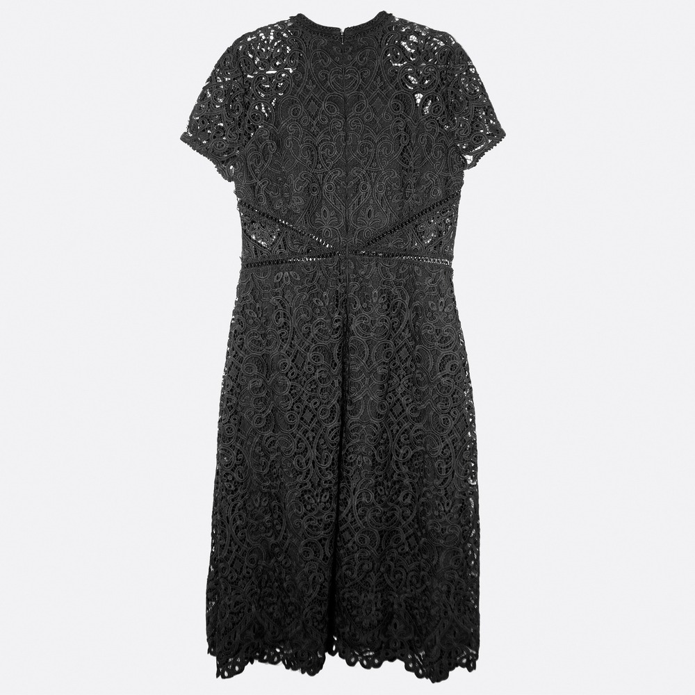 Monique Lhuillier Lace Midi Dress Black Guipure Short Sleeve M L 0X Designer - Picture 3 of 8